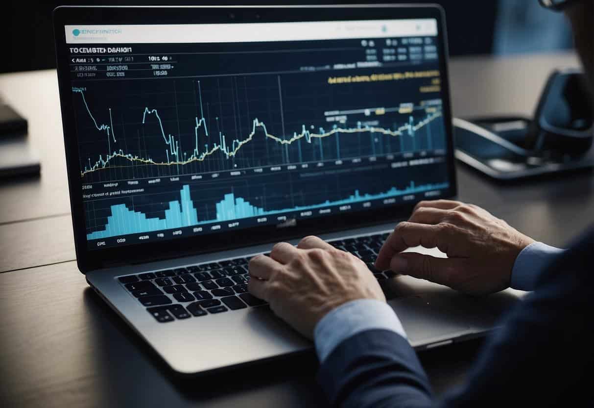 Data charts and graphs show fintech growth. Digital devices and modern technology are present