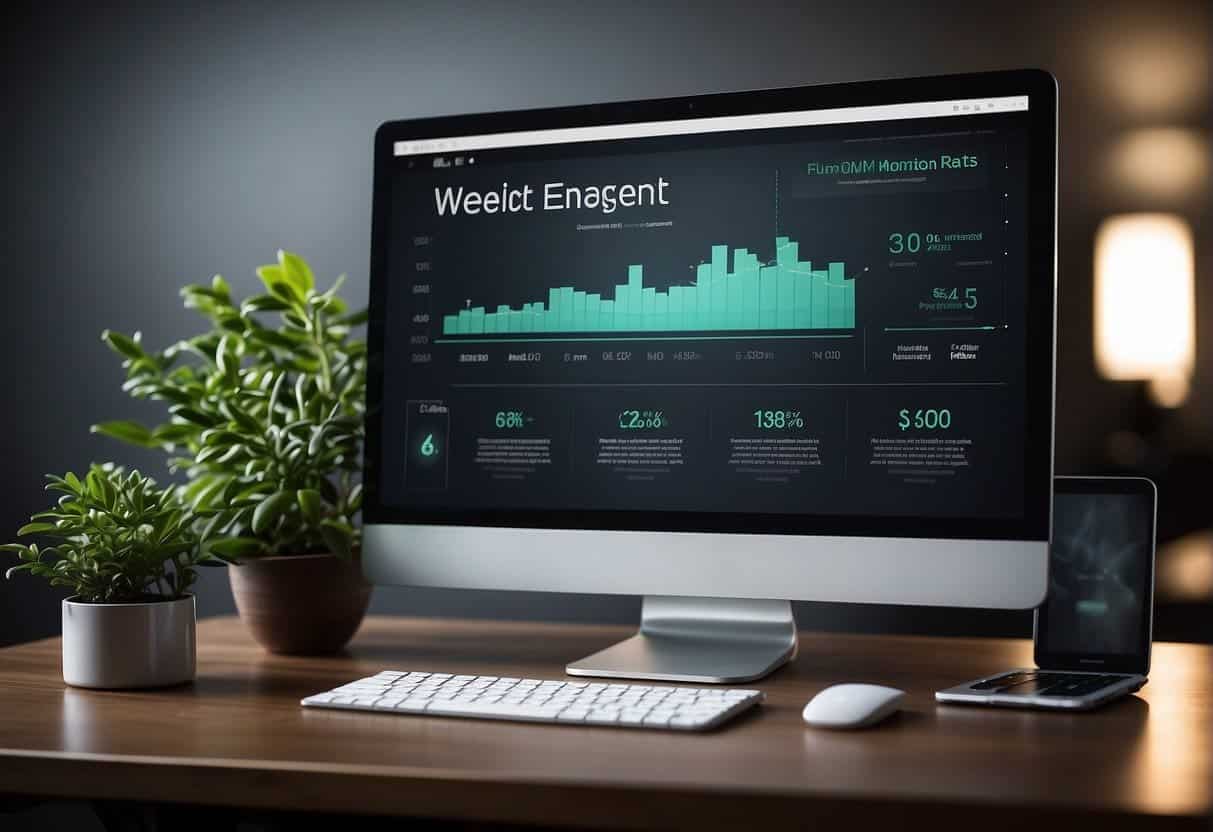 A computer screen displaying a website with clear call-to-action buttons and engaging content, surrounded by charts showing increased user engagement and conversion rates