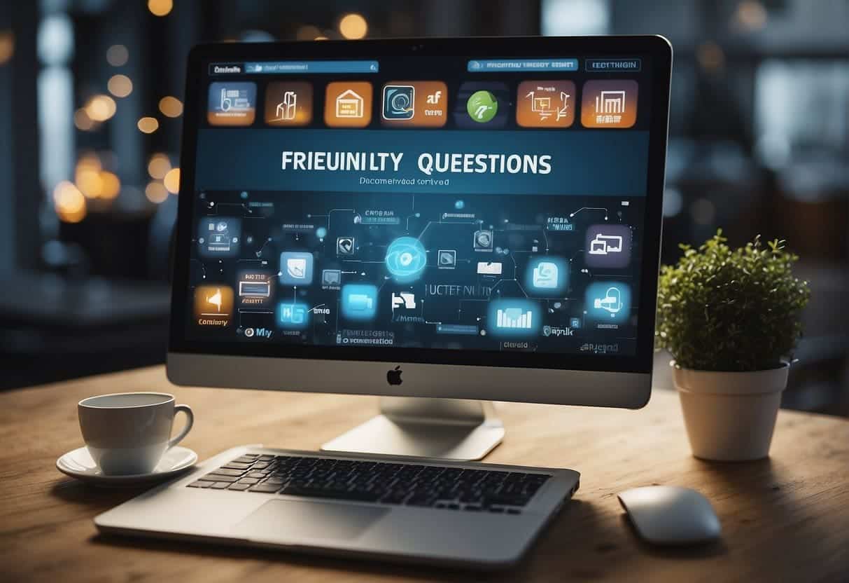 A computer screen displaying a webpage with the title "Frequently Asked Questions" highlighted, surrounded by various icons and links