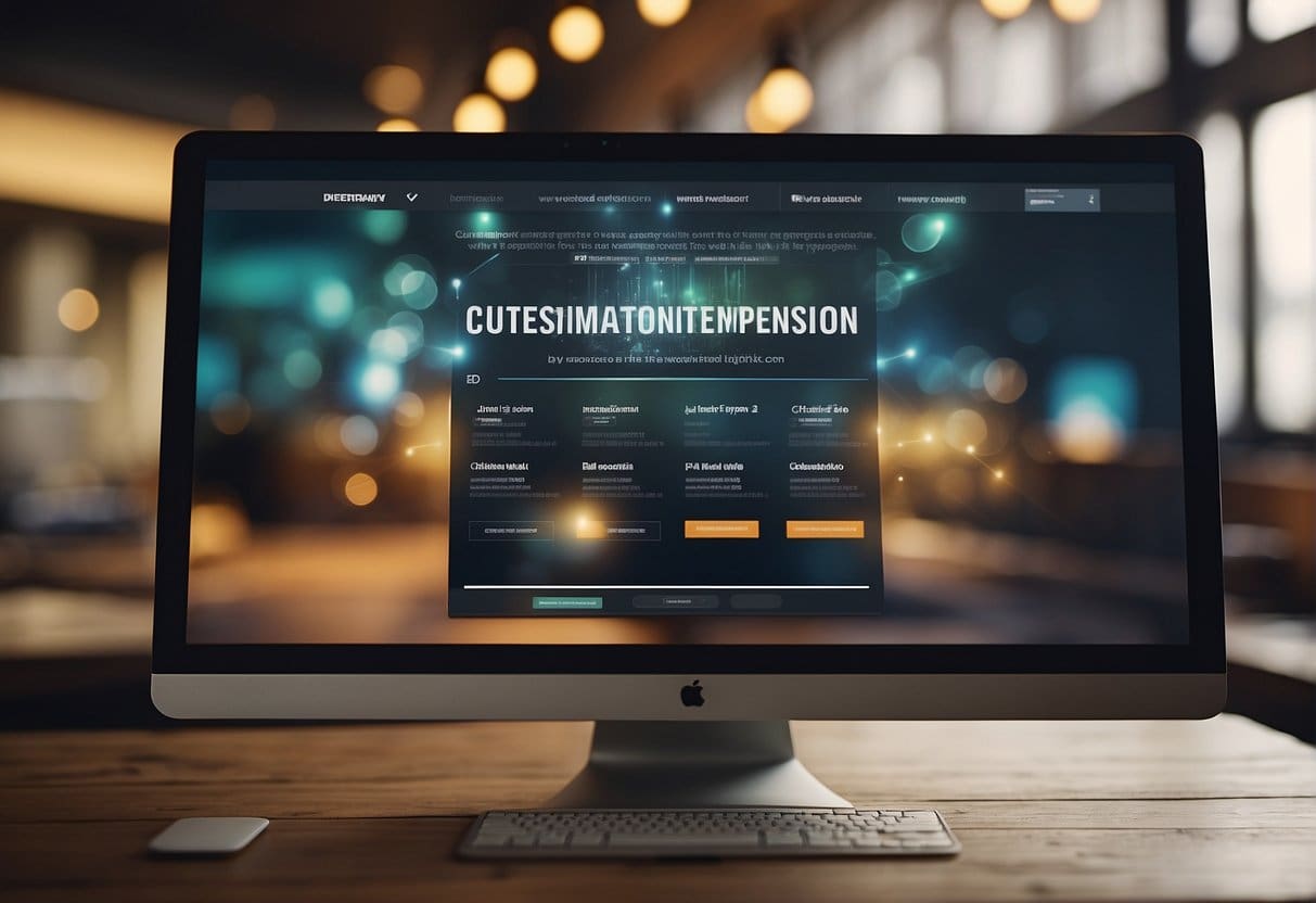 A computer screen displaying various website templates with a hand cursor selecting one. Text reads "Customization and Expansion How to Choose the Right Template for Your Website."
