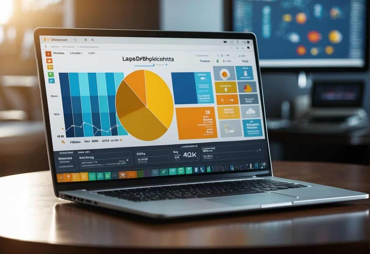 A laptop with a variety of website templates displayed on the screen, surrounded by colorful charts and graphs representing user experience data