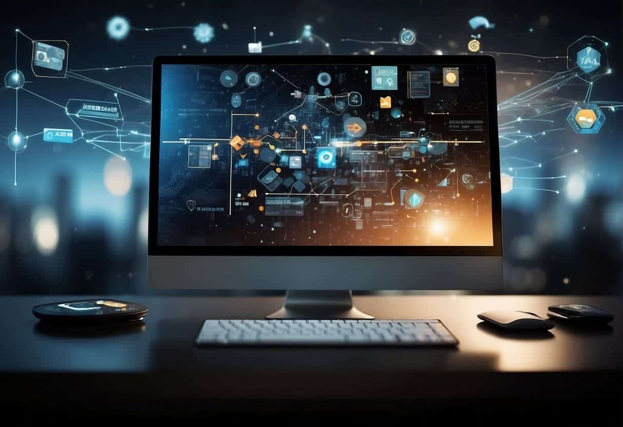 A diverse range of industry symbols hovering above a computer screen, with arrows pointing to different website templates