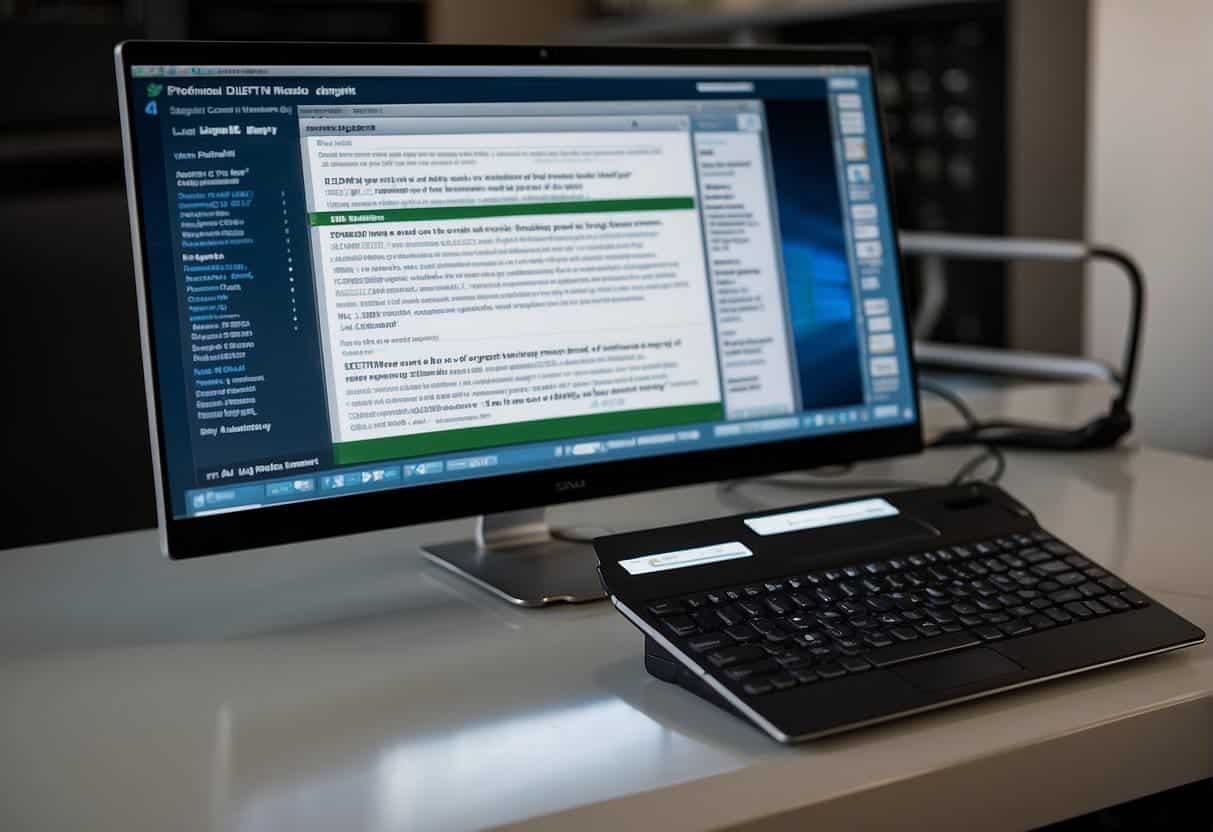 A computer screen displays a website with clear, easy-to-read text and images. A keyboard and mouse are nearby, and a person with visual impairments uses a screen reader to navigate the site