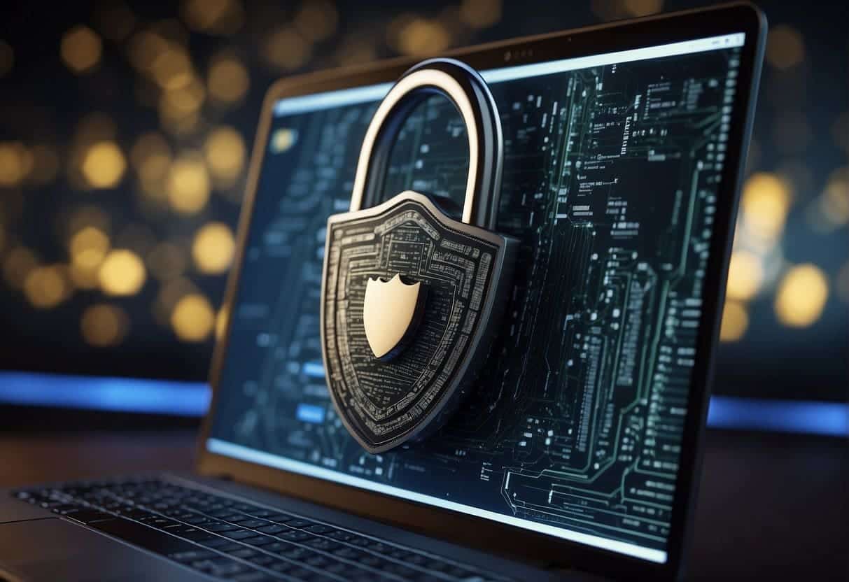 A padlock symbol appears on a computer screen, with a shield icon in the background. The screen is surrounded by lines of code and a network of interconnected nodes