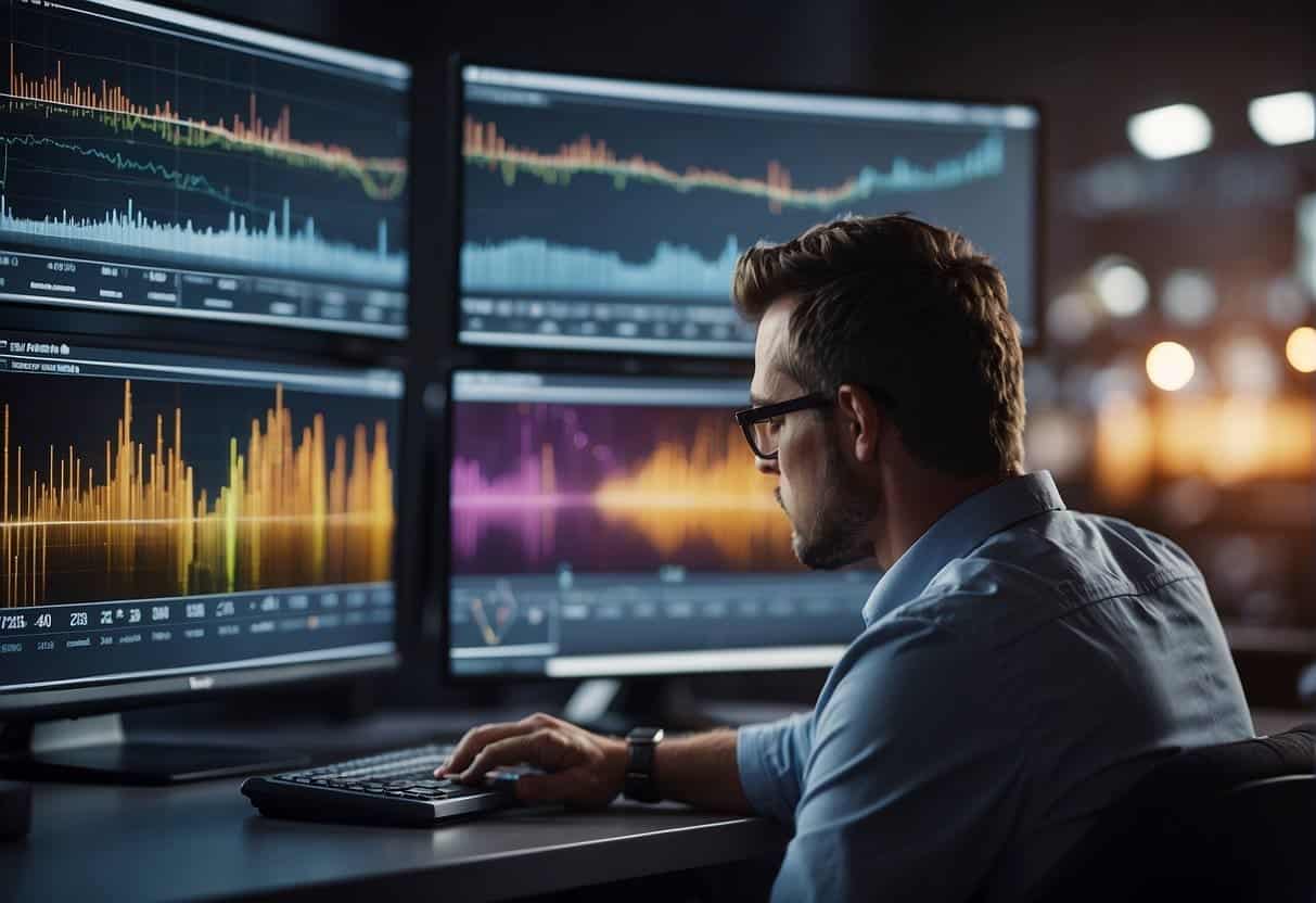 A computer screen displays analytics data while a person adjusts a video editing timeline. Multiple tabs open with various multimedia content examples