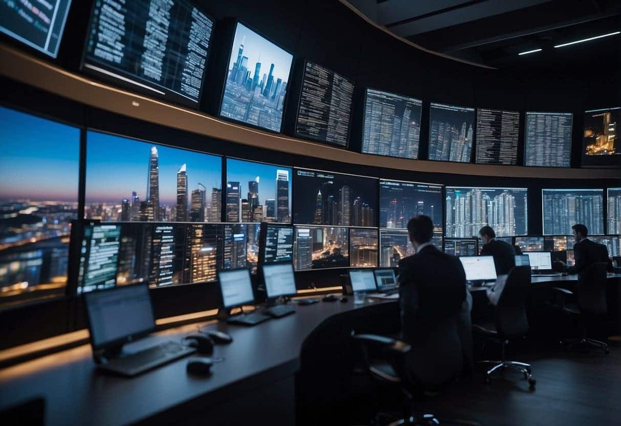 A bustling city with skyscrapers and digital screens, representing various fintech segments. Data charts and graphs are displayed prominently