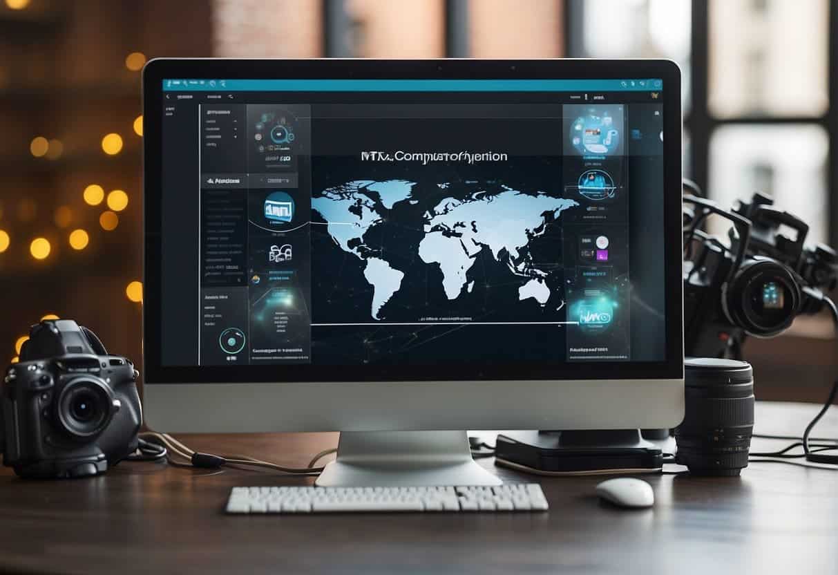 A computer screen displaying a website with engaging multimedia content, surrounded by creative tools such as a camera, microphone, and design software