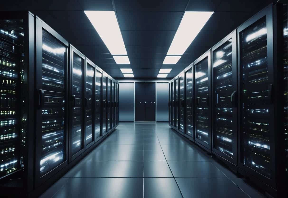 A server room with multiple backup systems running simultaneously, data being transferred and stored securely
