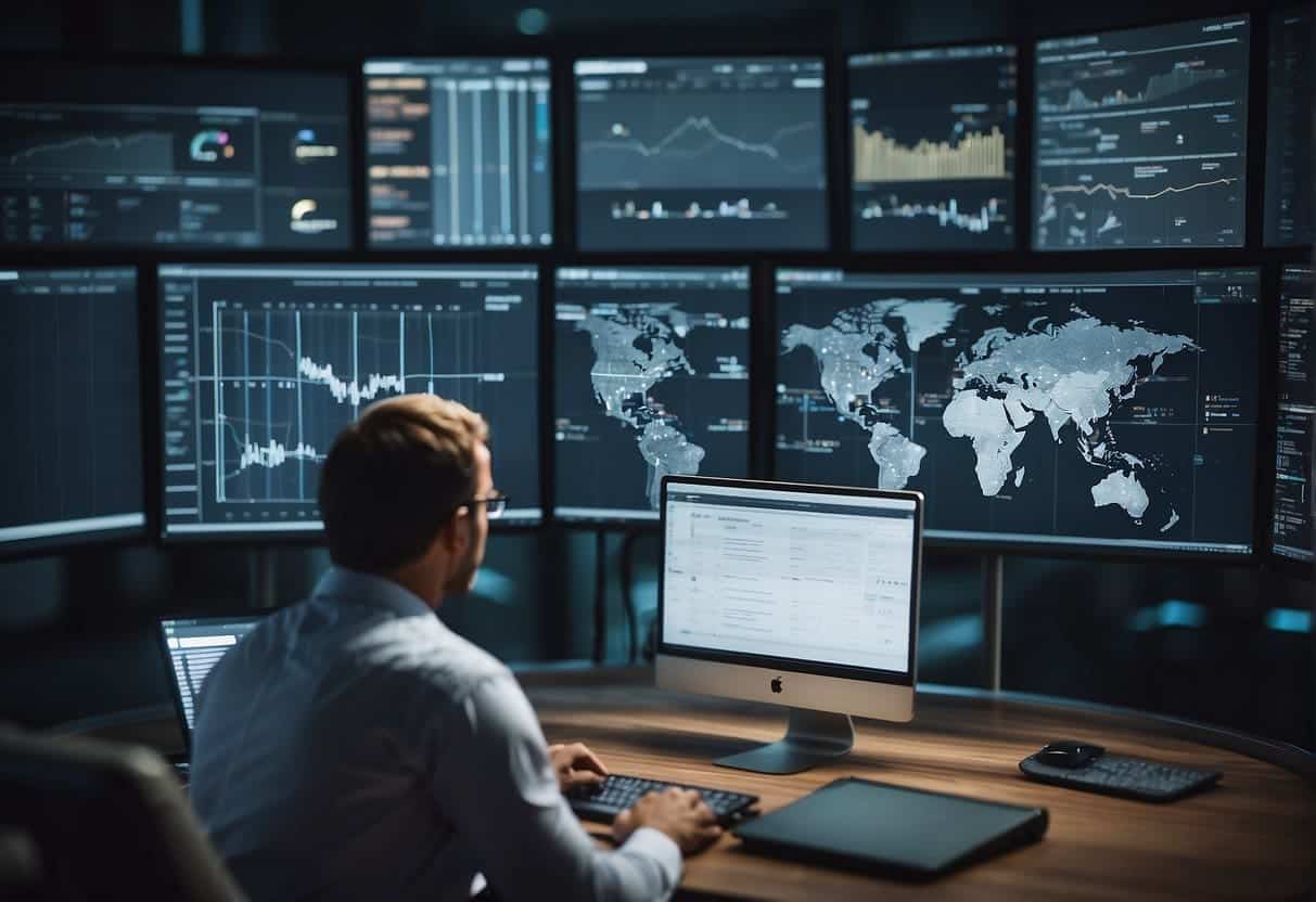 A person uses analytics tools on a computer to analyze market data and enhance website functionality