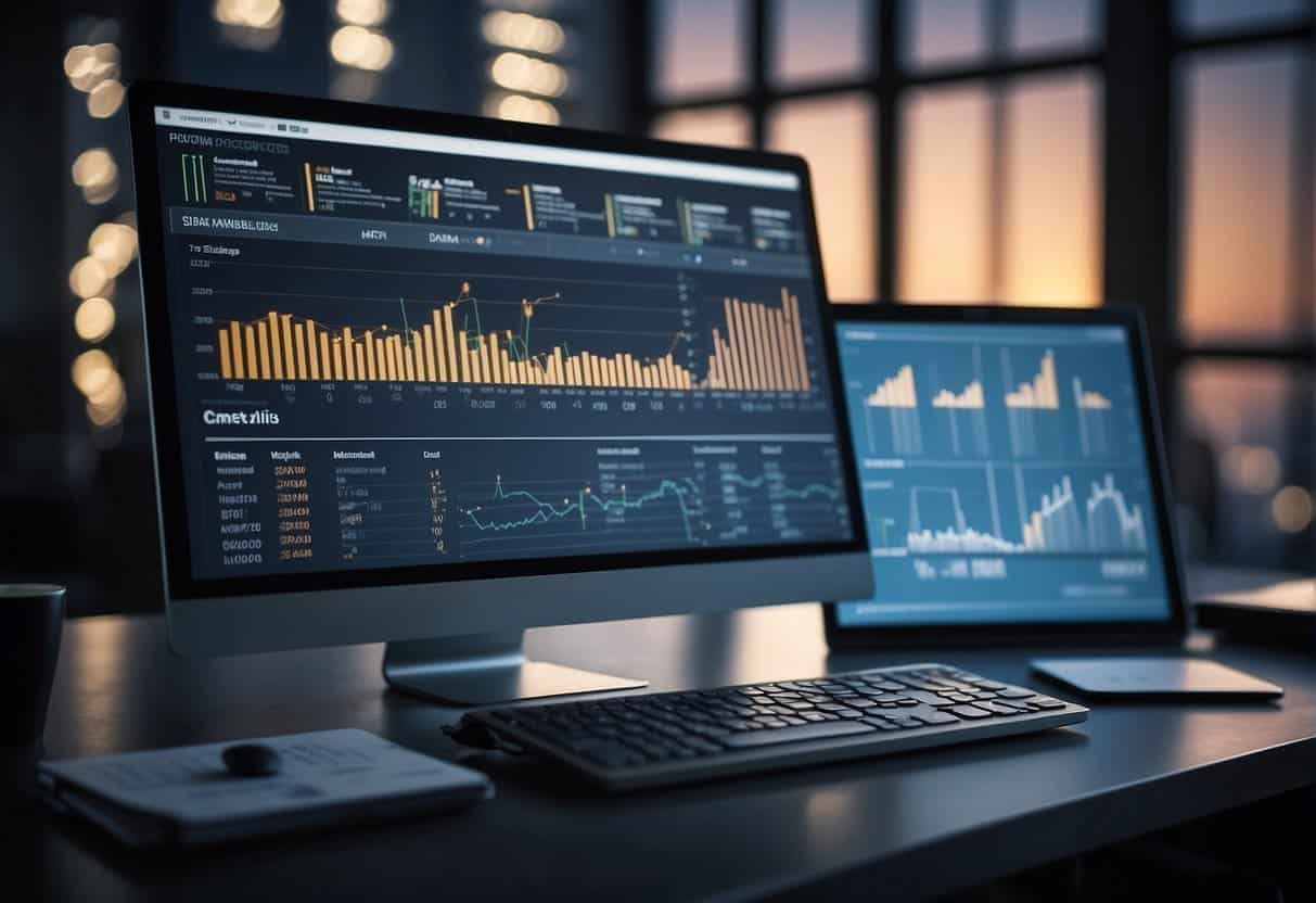 A computer screen displaying website analytics tools with various data charts and graphs, a mouse hovering over the interface, and a notepad with notes on data analysis techniques