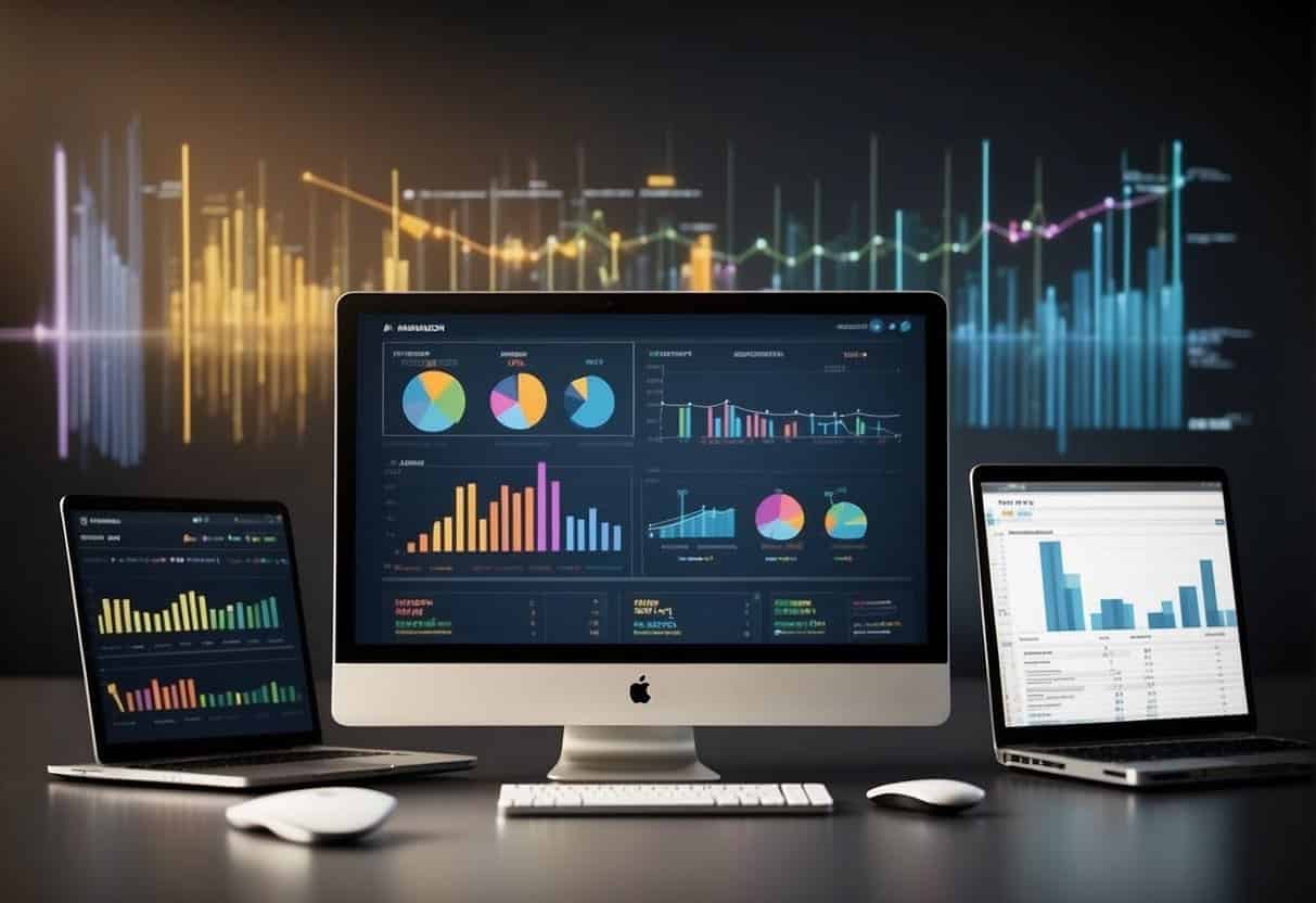 Various web analytic tools displayed on a computer screen, with data analysis charts and graphs showing website performance