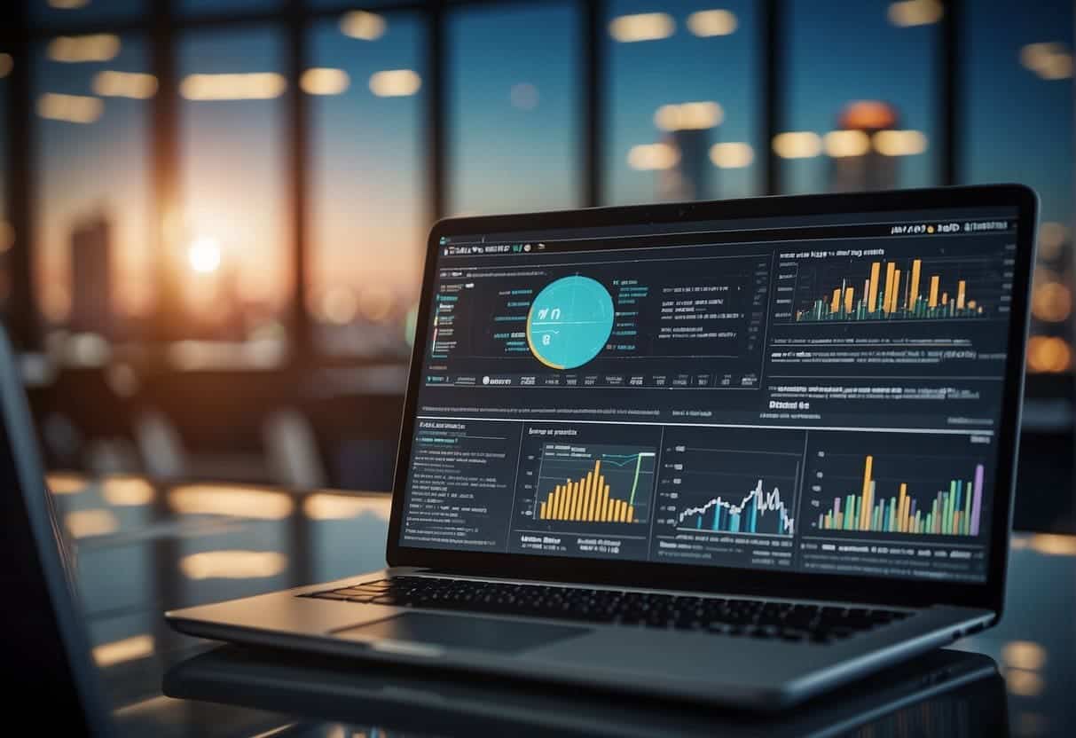 A computer screen displaying web analytics tools, with data privacy regulations in the background
