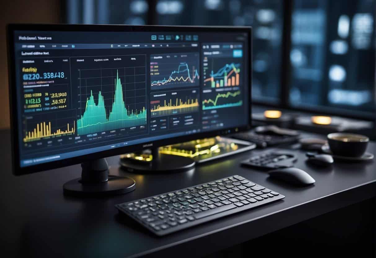 A computer screen displays data analytics software being developed for fintech services. Multiple graphs and charts are visible, showcasing the integration and leveraging of data
