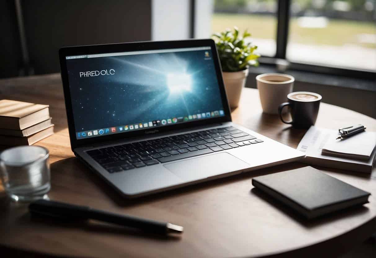 A desk with a computer, notebook, and pen. A website wireframe and e-commerce design books scattered around. Bright natural light coming through a window
