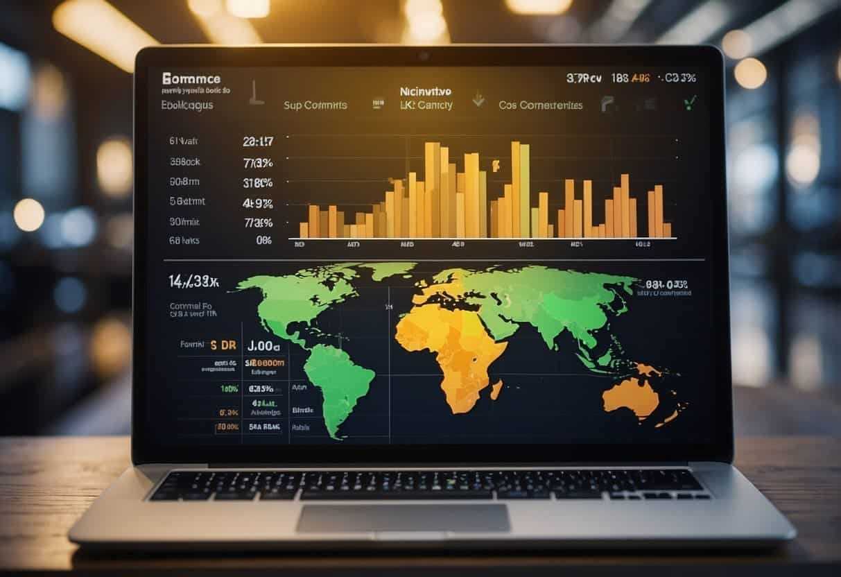 A computer screen displaying e-commerce website analytics with a chart showing increasing conversion rates. Various website elements are highlighted for potential improvements