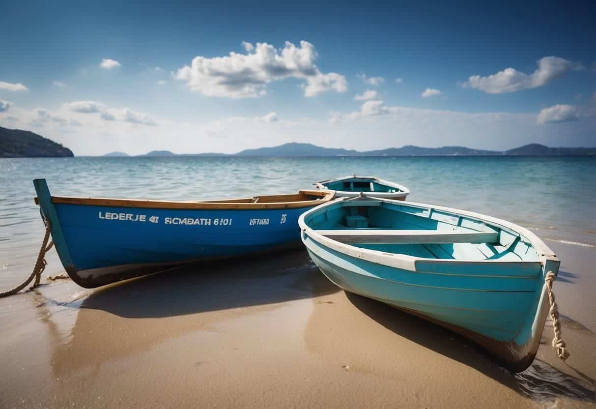 A serene beach with two boats, one offering low-cost services and the other offering unique, high-end products, symbolizing Blue Ocean marketing strategies