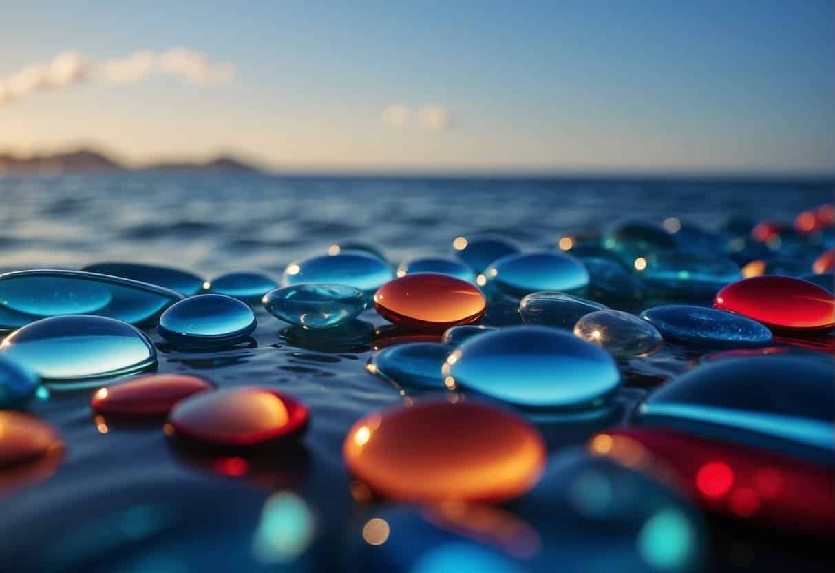 Various industries adopt Blue Ocean strategy, diverging from competition. Illustrate a calm ocean with vibrant blue hues, contrasting with red oceans