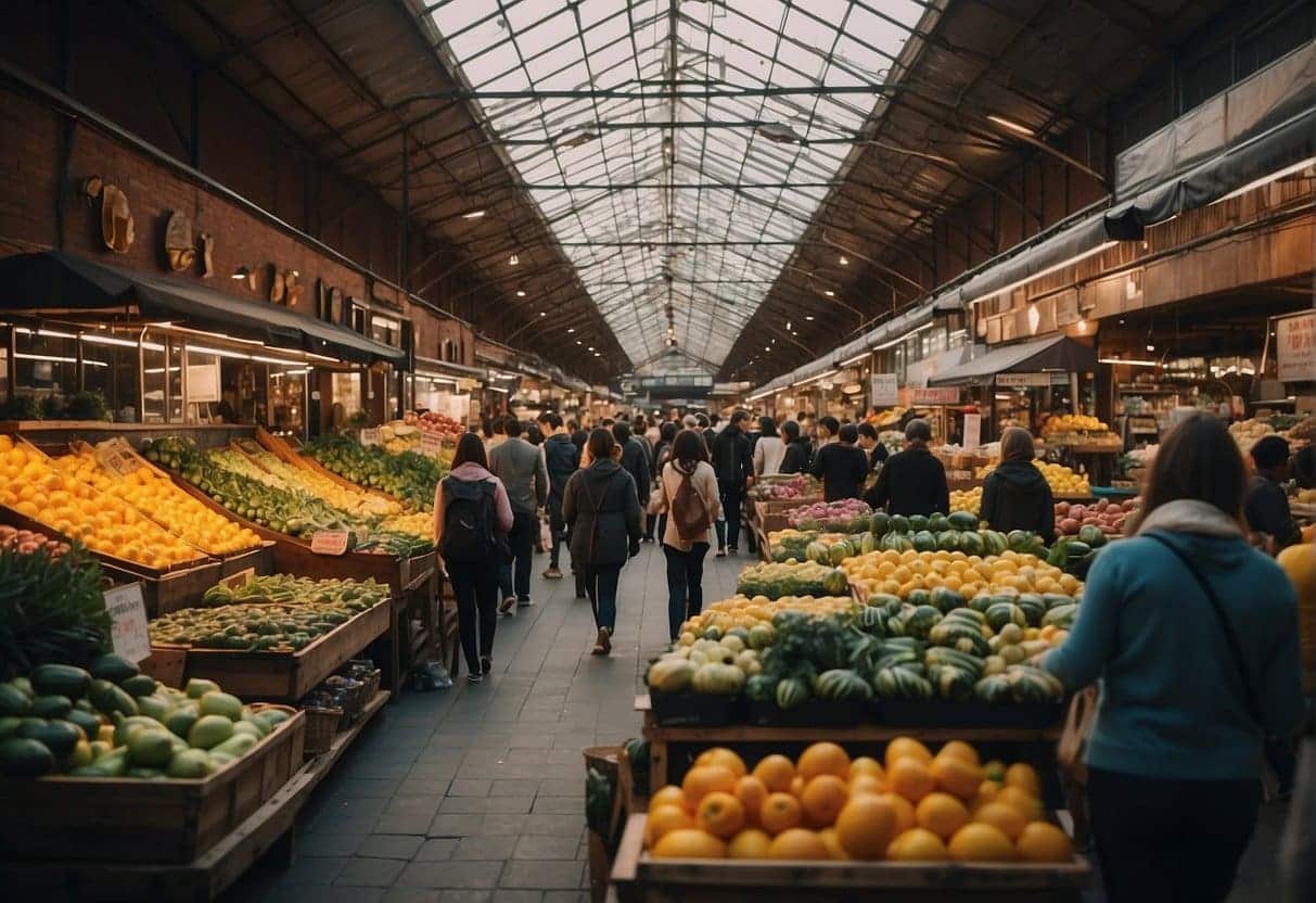 A bustling market with diverse products and customers, showcasing innovative marketing techniques. Visualize a vibrant, dynamic atmosphere with potential for growth and success