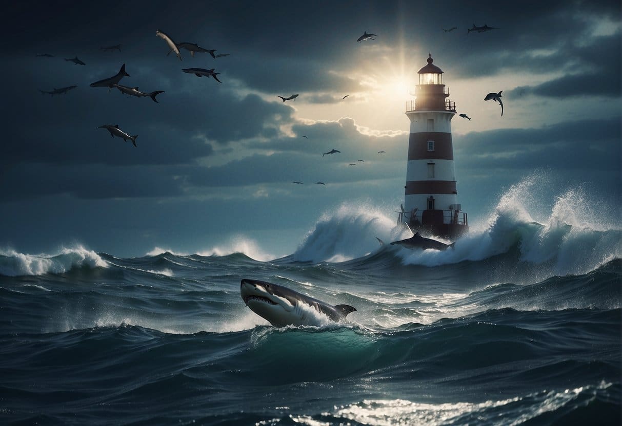 A ship navigating rough waters with sharks circling, while a lighthouse beacon shines in the distance