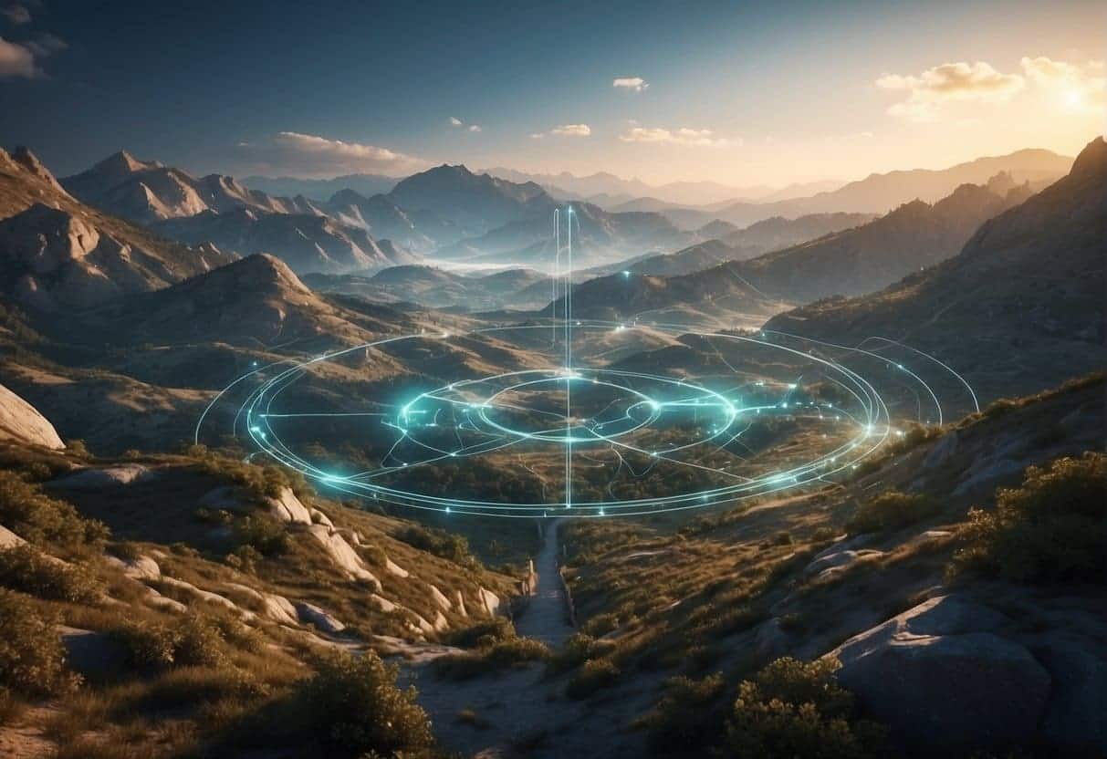 A virtual landscape with interconnected digital platforms, showcasing ethical marketing practices and privacy regulations in the metaverse