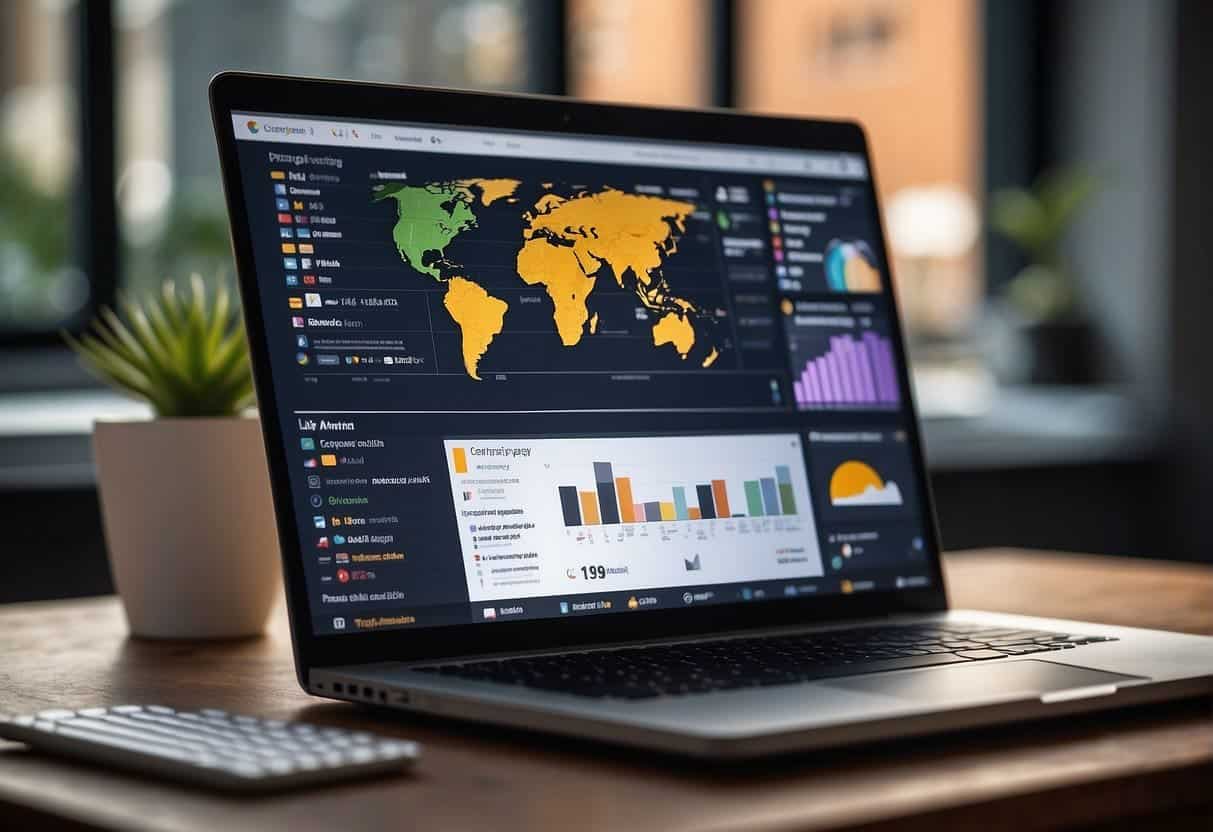 A laptop displaying social media pages with sales-optimized content strategy. Charts and graphs show analytics