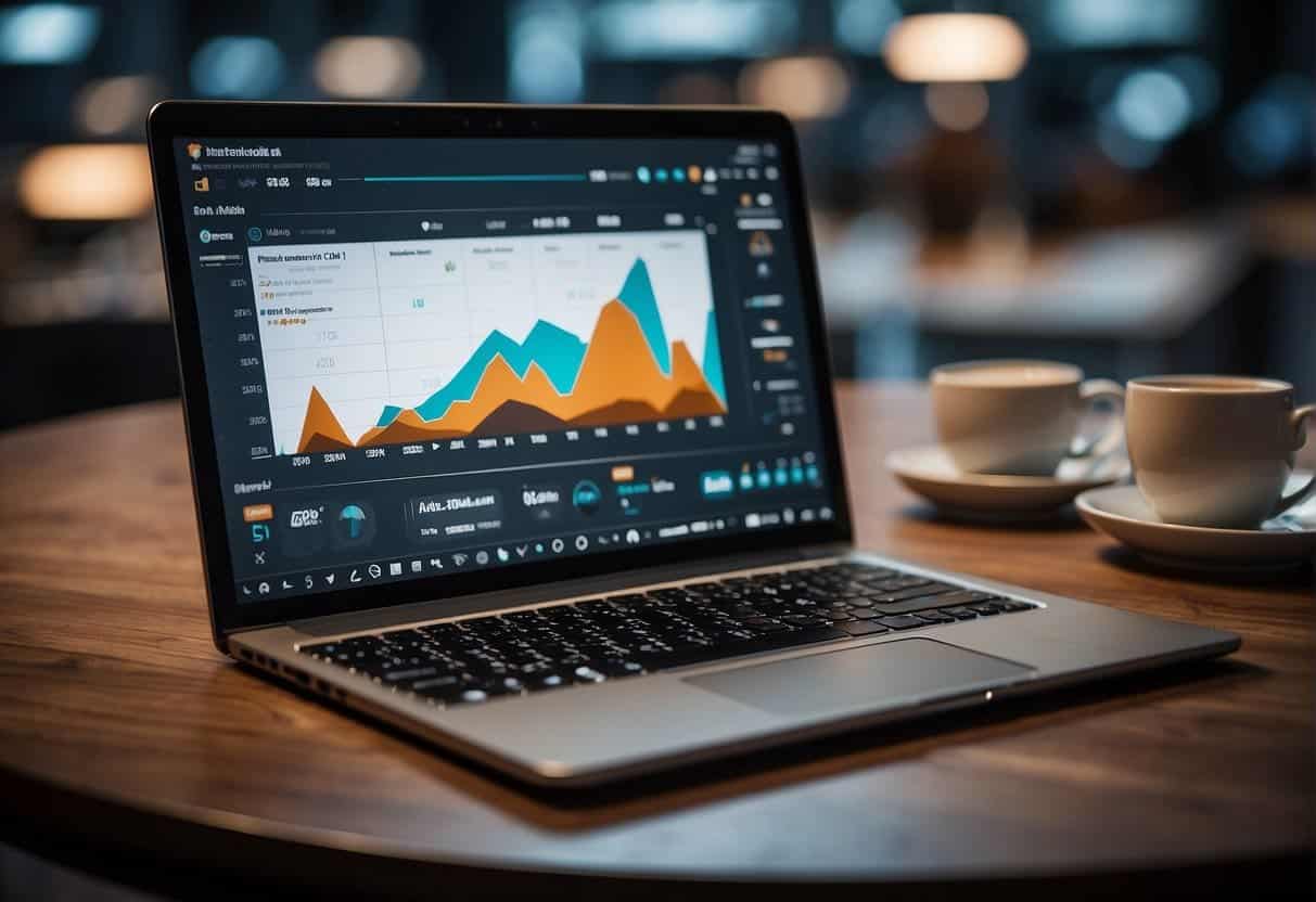 A laptop displaying a variety of engaging social media posts, surrounded by graphs and charts showing increased sales