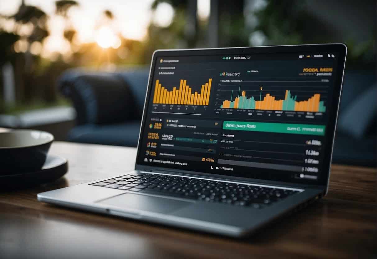 A laptop displaying various social media platforms with sales-focused content. Charts and graphs show engagement and conversion rates. Brand logos and product images are strategically placed