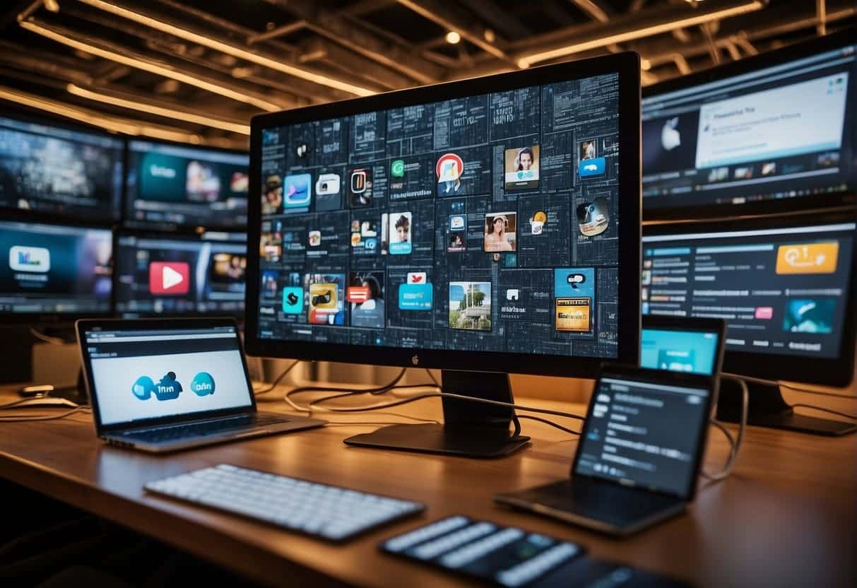 A computer screen displaying various social media platforms with sales-oriented content and a network of interconnected lines representing expanded reach