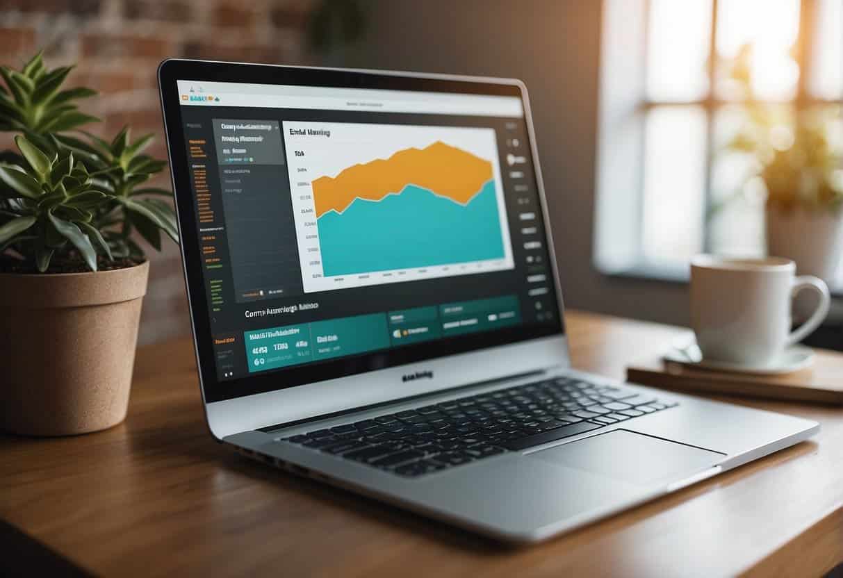 A computer screen displaying Mailchimp dashboard with email marketing automation features highlighted. A beginner's guide book on the side