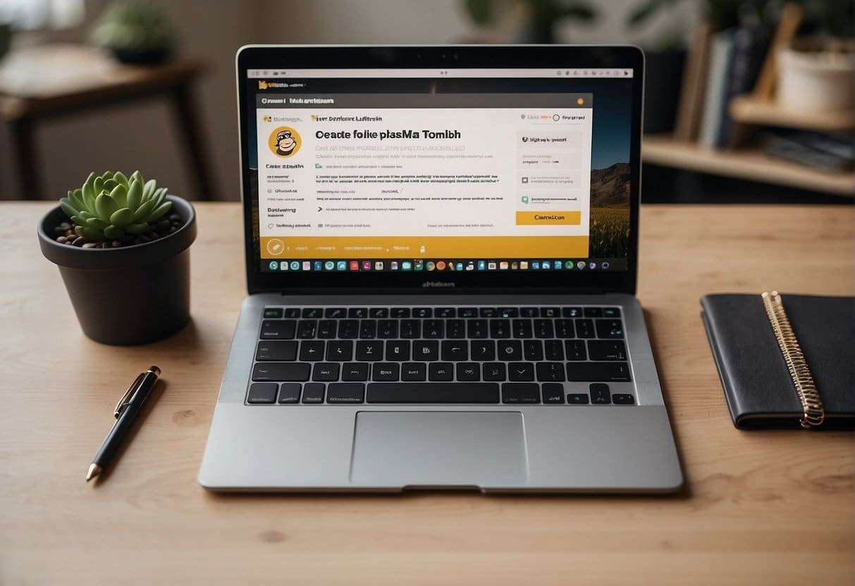 A laptop displaying Mailchimp's dashboard with a cursor hovering over the "Create Campaign" button. A notebook and pen sit nearby, ready for note-taking