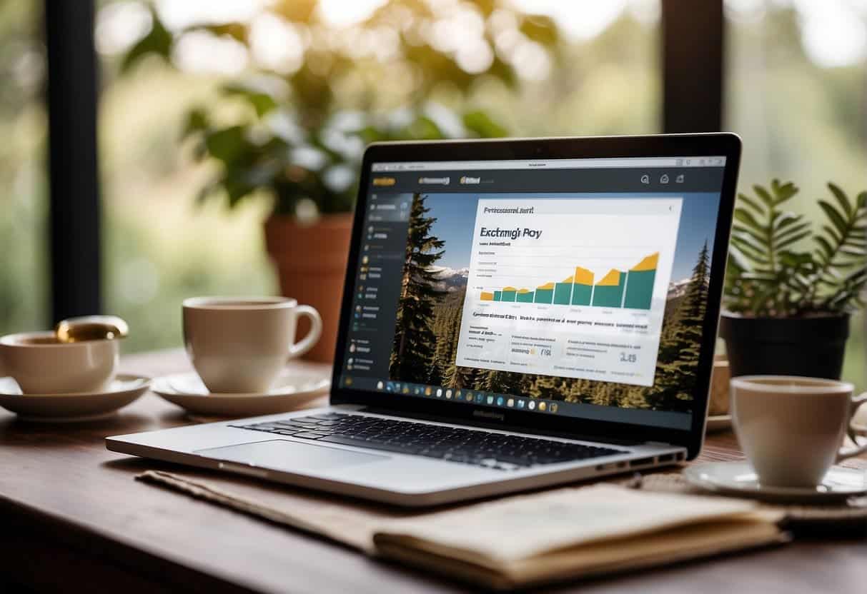 A laptop displaying Mailchimp's dashboard with a graph showing increased email open rates, surrounded by marketing materials and a cup of coffee