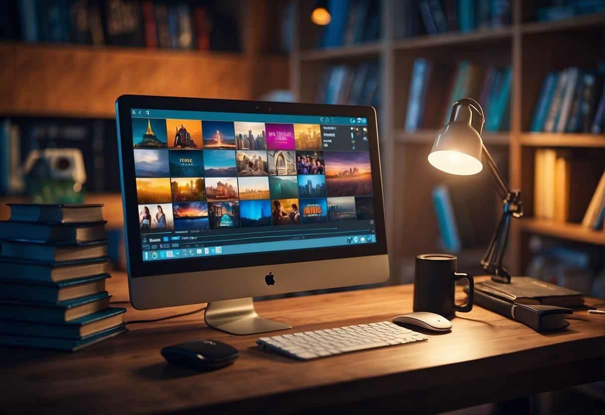 A colorful, dynamic scene with a computer showing a vlog, surrounded by storytelling elements like books, pens, and a storyboard