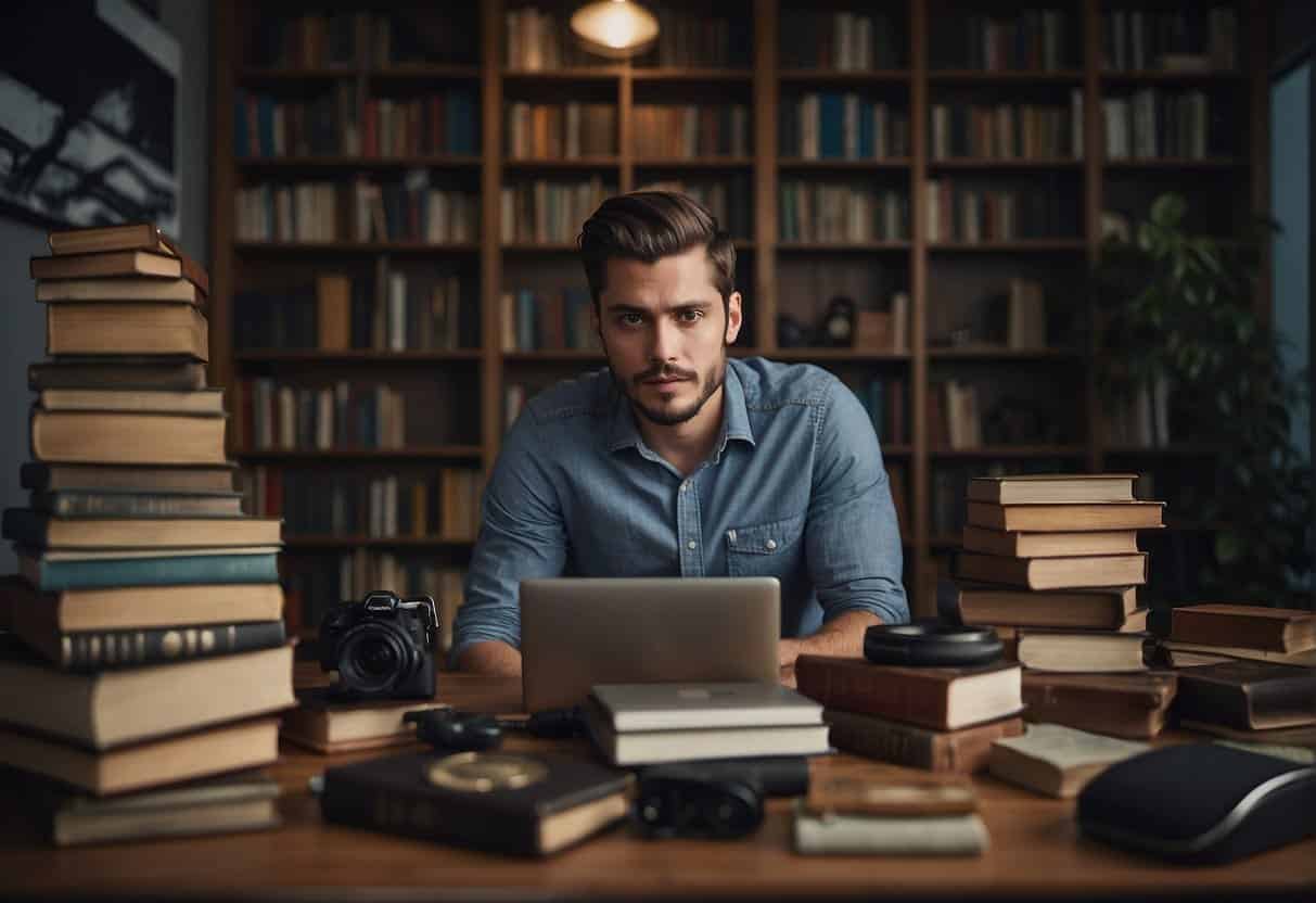 A blogger or vlogger using storytelling techniques, surrounded by books, a camera, and a laptop, with a thoughtful expression