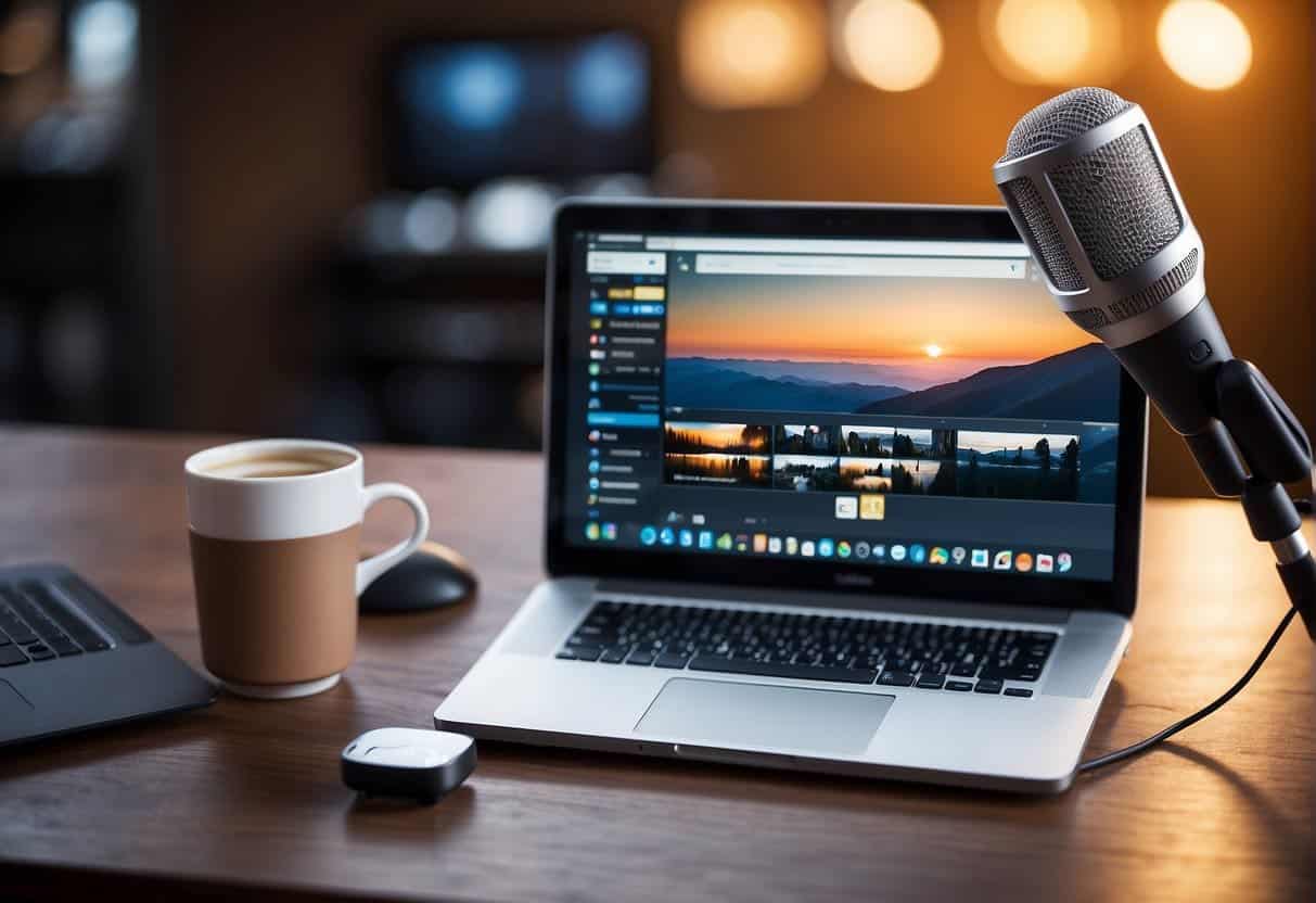 A laptop, camera, and microphone arranged on a desk with social media icons in the background, representing multi-channel promotion