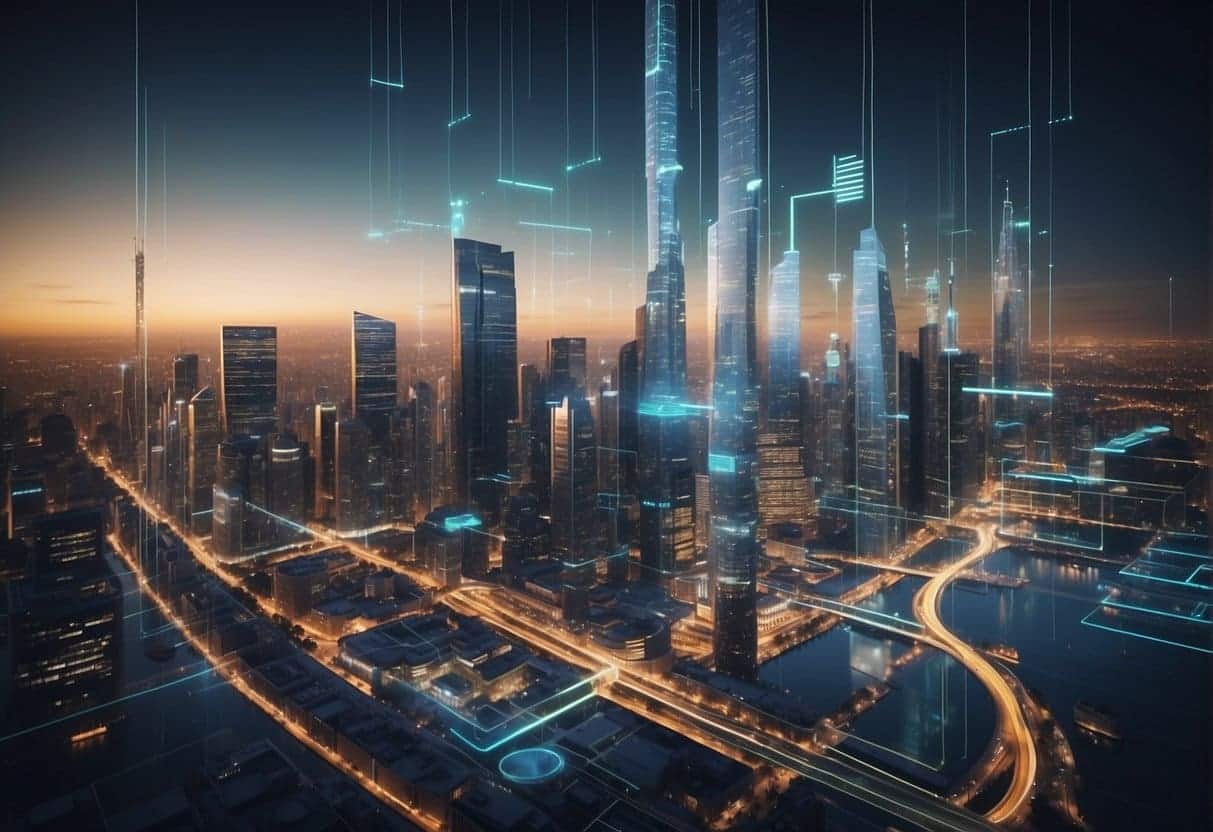 A futuristic cityscape with digital interfaces and data streams merging with traditional financial institutions, symbolizing the integration of fintech software in the modern economy