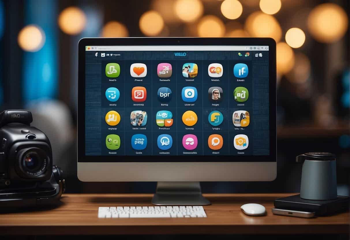 A computer screen displaying a blog and vlog promotion strategy with video icons and social media logos in the background