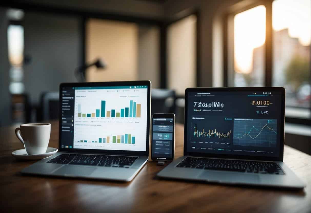 A laptop, tablet, and smartphone sit on a desk, each displaying a blog or vlog post. Charts and graphs show engagement and analytics data in the background