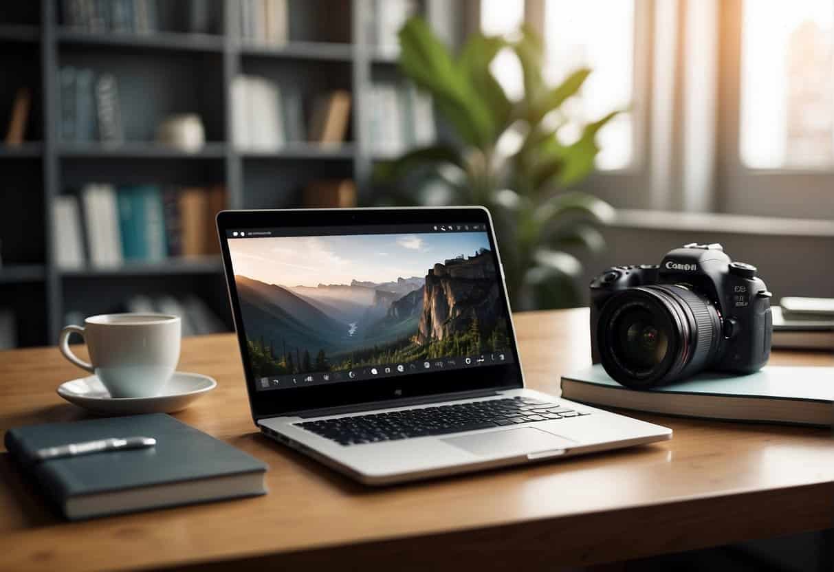 A desk with a laptop, notebook, and camera. A whiteboard with content strategy ideas. A stack of books on marketing and vlogging