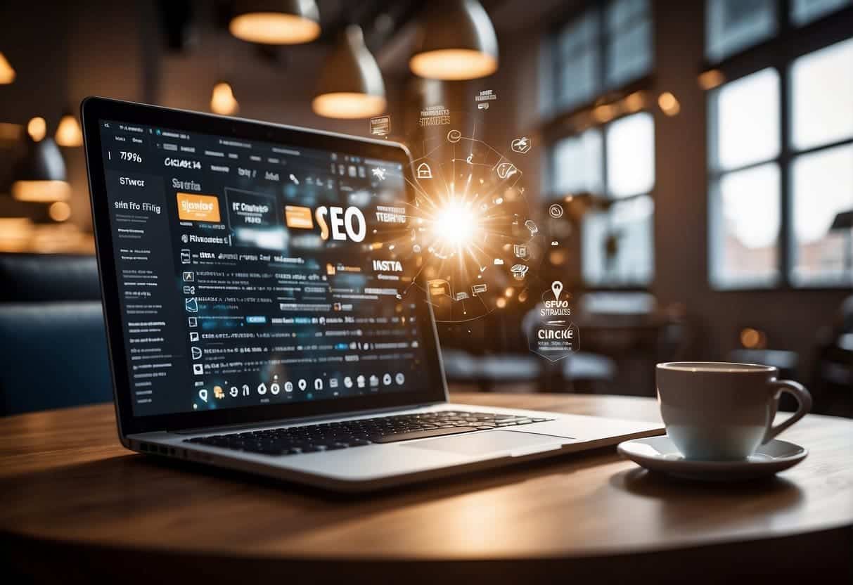 An open laptop surrounded by various marketing tools and resources, with a spotlight shining on the words "SEO Techniques for Visibility" and "Advanced Content Marketing Strategies for Bloggers and Vloggers."
