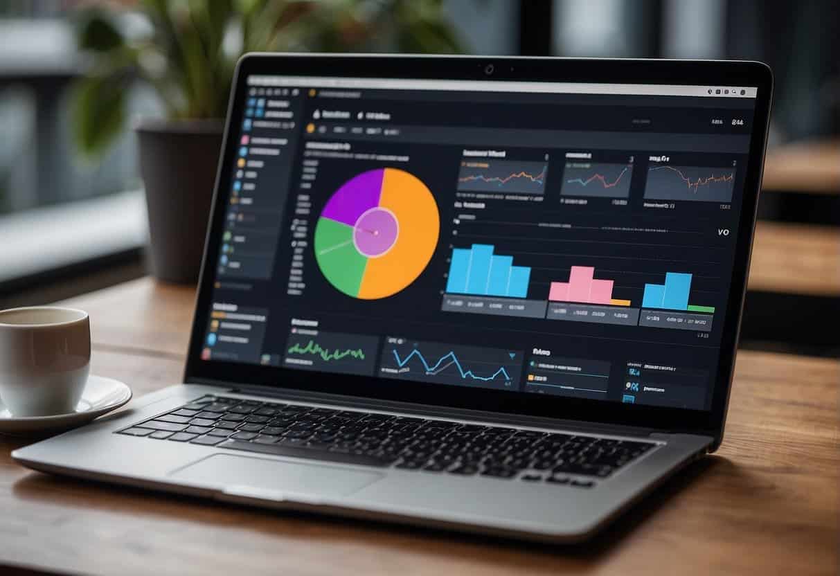 A laptop displaying a blog and vlog with graphs showing increased monetization and conversion rates