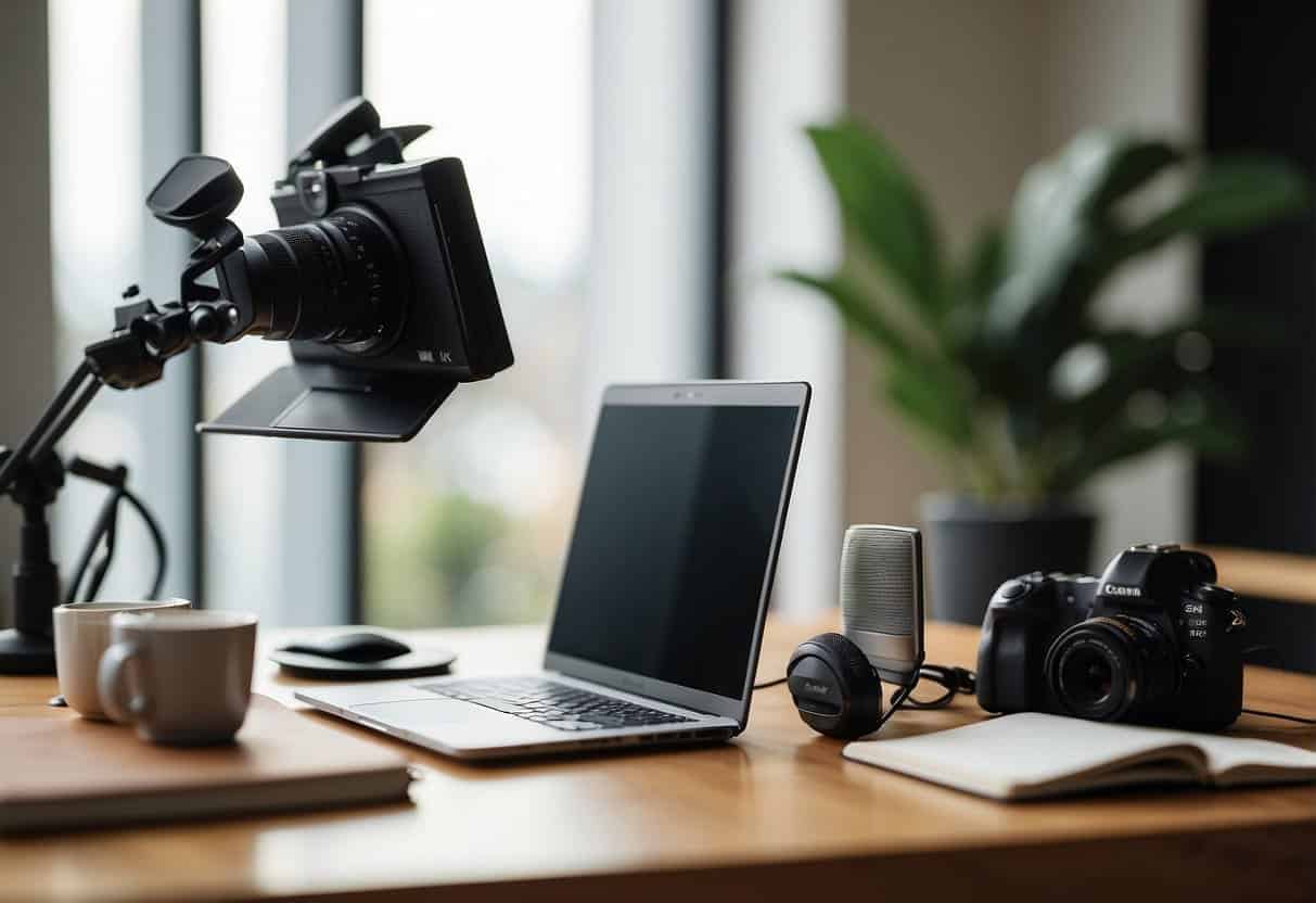 A laptop, camera, and microphone arranged on a desk with a backdrop of a stylish home office. A stack of books on blogging and vlogging sits nearby