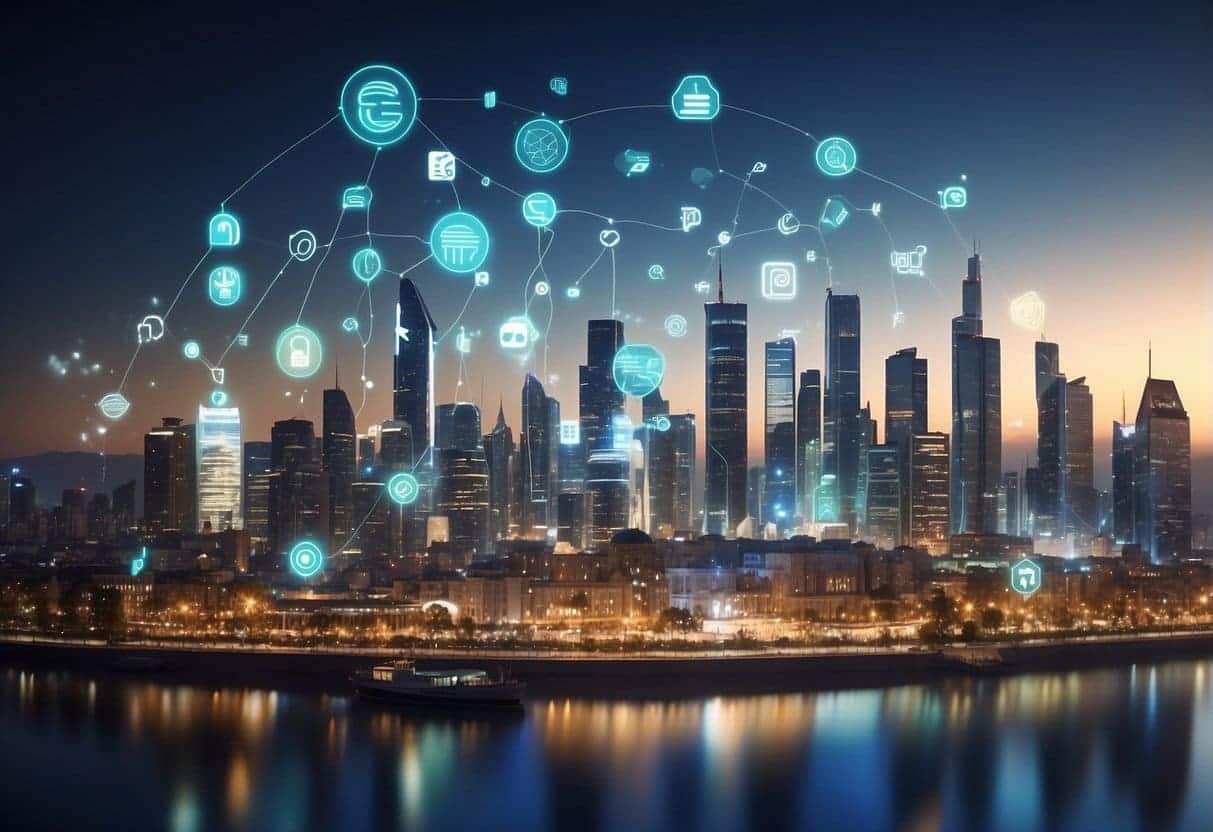 A futuristic city skyline with digital payment symbols floating in the air, connecting to various buildings and devices. A seamless network of transactions and financial technology