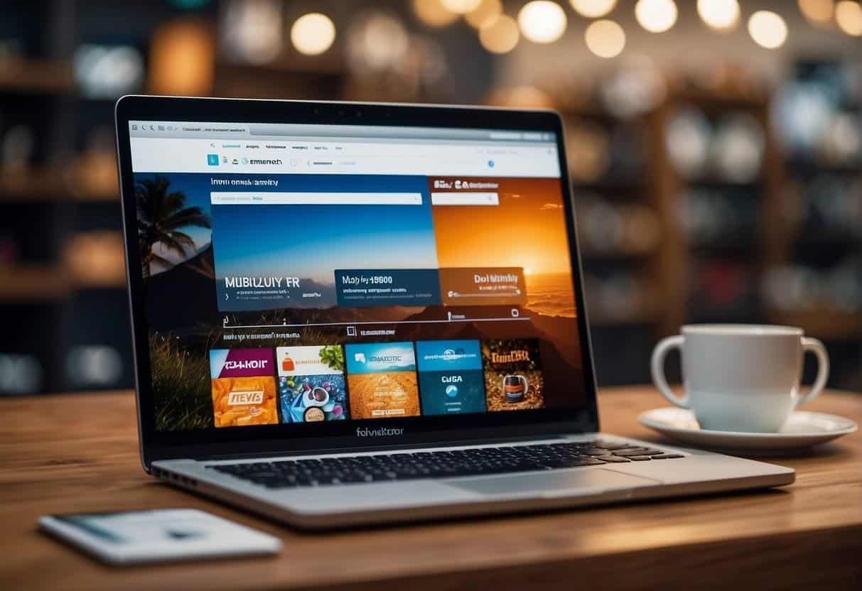 A computer with an open internet browser displaying an e-commerce website, surrounded by merchandise such as branded clothing, mugs, and notebooks