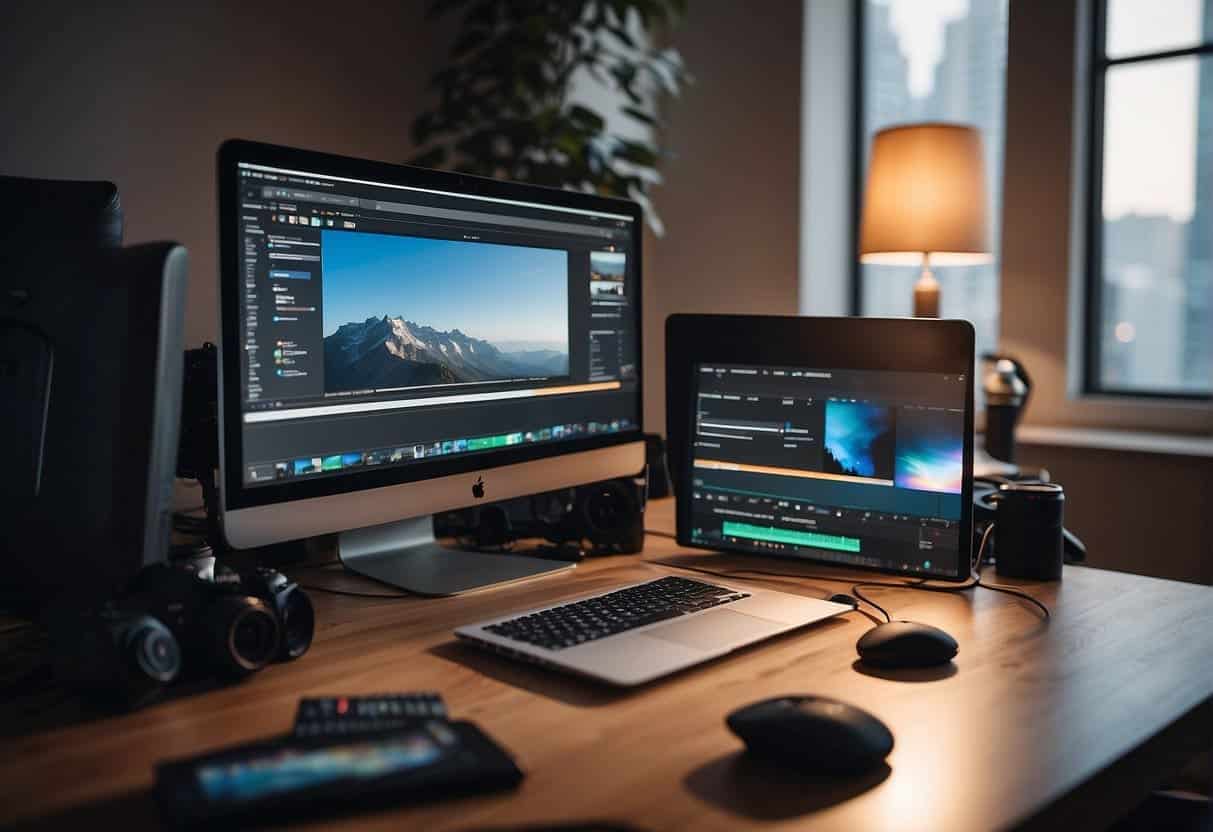 A professional vlogger's desk with a computer, camera, microphone, and video editing software displayed. Bright lighting and a clean workspace