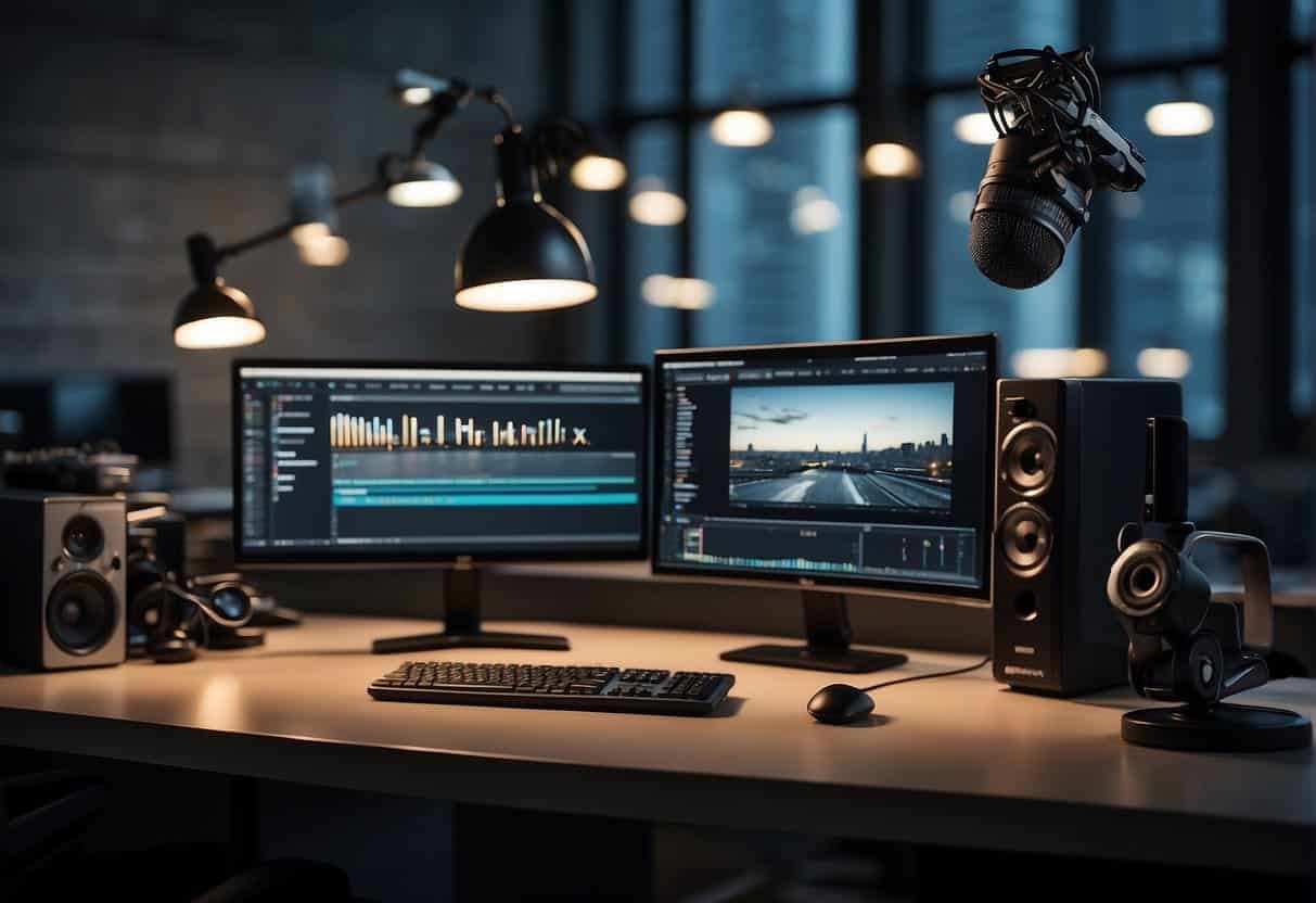 A desk with a computer, microphone, camera, and editing software. A mix of free and premium software logos displayed on the computer screen