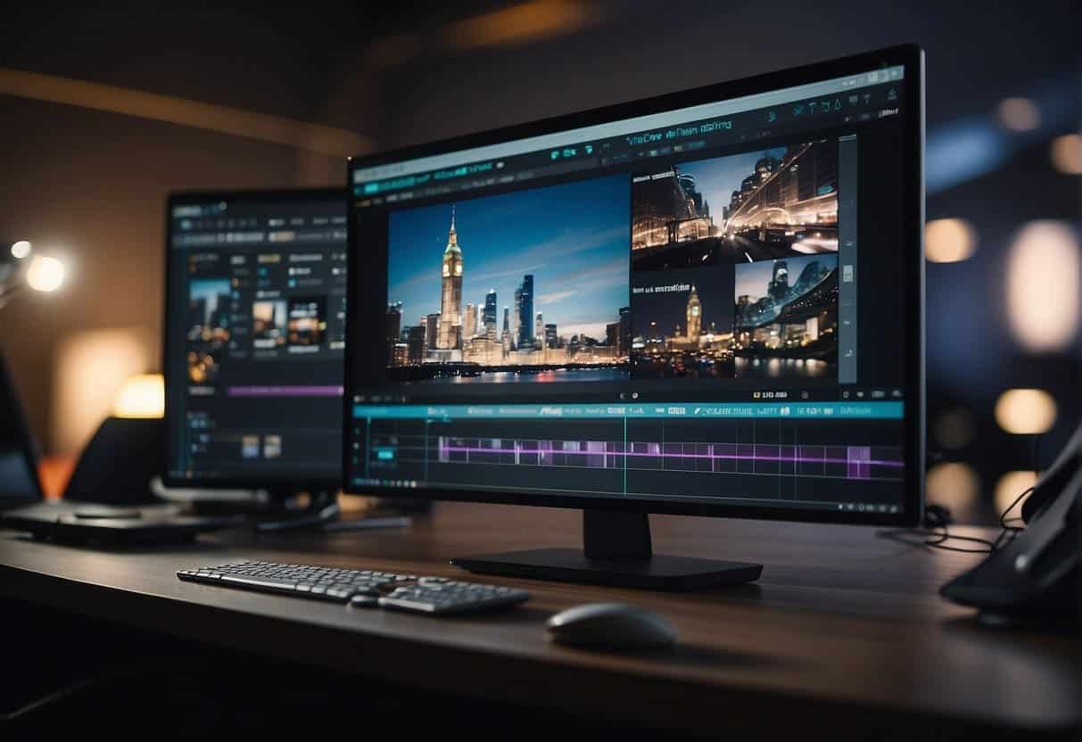 A computer screen displaying a video editing software interface with various tools and features, including timeline, effects, transitions, and audio editing options