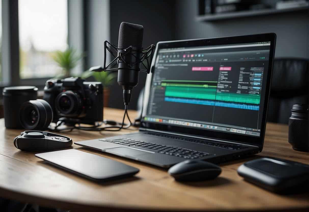 A desk with a laptop, microphone, camera, and editing software displayed. A professional vlogger's workspace