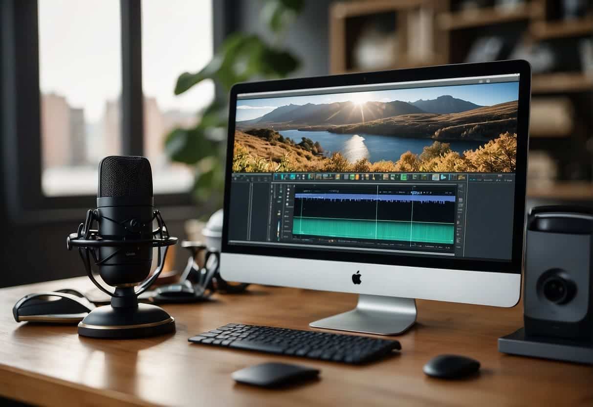 A desk with a computer, microphone, camera, and video editing software displayed on the screen. A notebook with "Vlogging Style Software Must-Haves" written on the cover