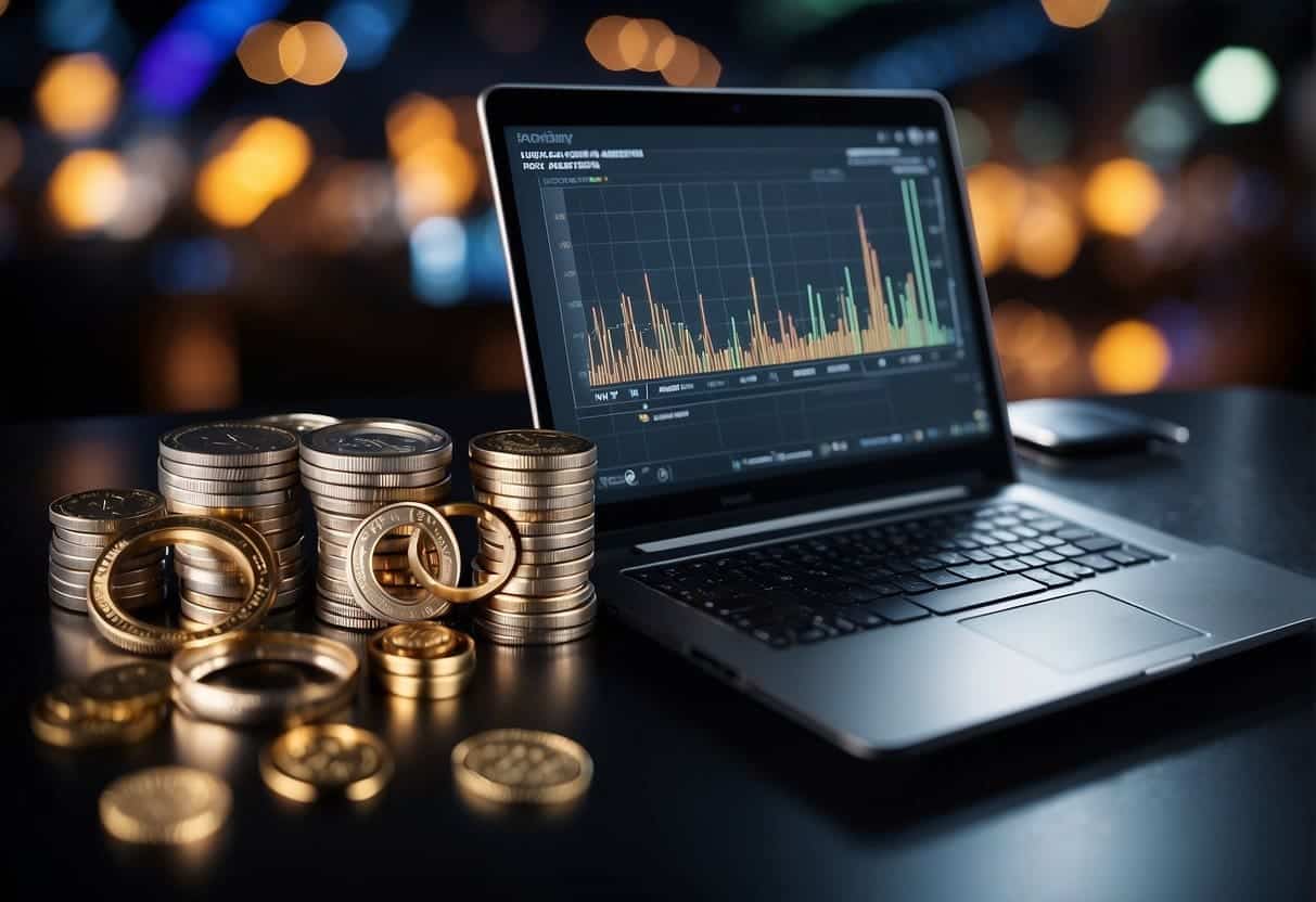 A laptop displaying analytics graphs and a camera with a ring light, surrounded by money symbols and monetisation icons