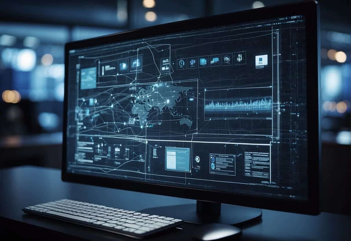 A computer screen displaying various web design elements connected by a network of lines representing APIs. Multiple windows show data transfer and integration